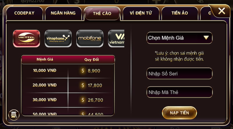 Nạp tiền Sunwin: Hướng dẫn cách cực kỳ dễ dàng đối với tân thủ 4 Nạp tiền Sunwin - hình thức thẻ cào điện thoại